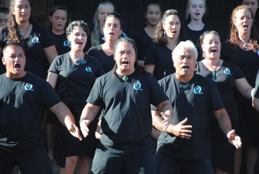 The whānau from Ōnuku during the pōwhiri on Waitangi Day