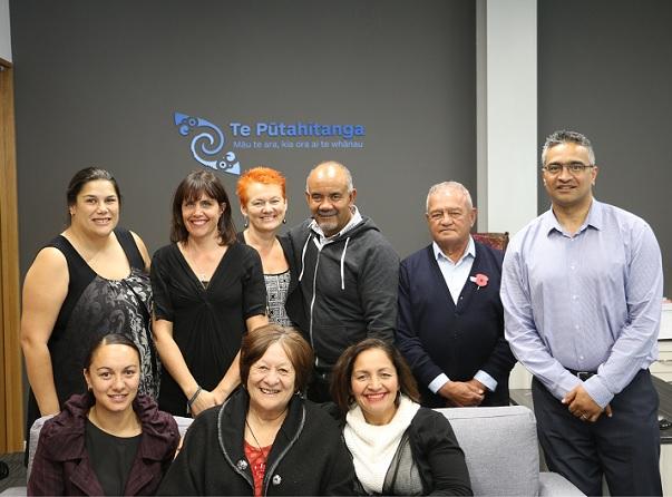 Back row : Mata Cherrington and Prue Halstead (1000 Days Trust); Helen Leahy, Hon Te Ururoa Flavell, Norm Dewes, GPL Board Chair and GPL Board member, Donovan Clarke. Front row : Coach Aimee Kaio; Taumata Chair, Molly Luke and Māori Party MP Marama Fox.