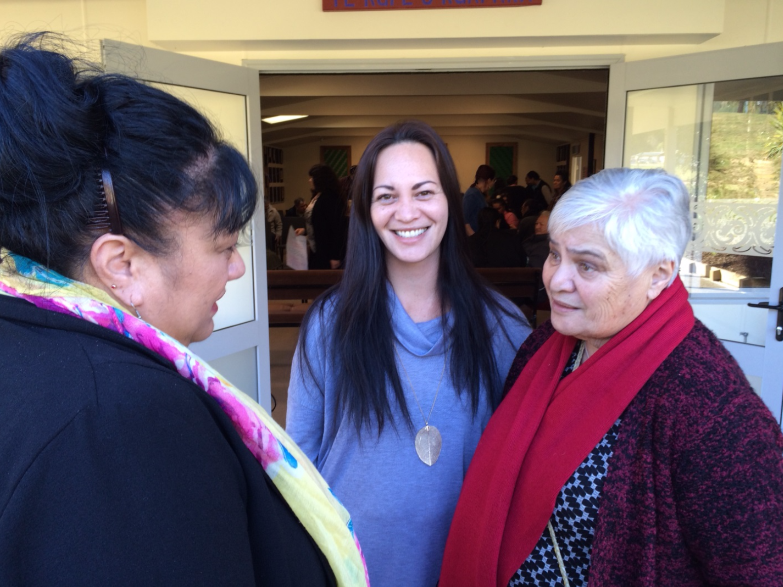 The kaitiaki of Whakatū Marae, Carol Hippolite, with Ariana Ngaruhe and Dame Tariana.
