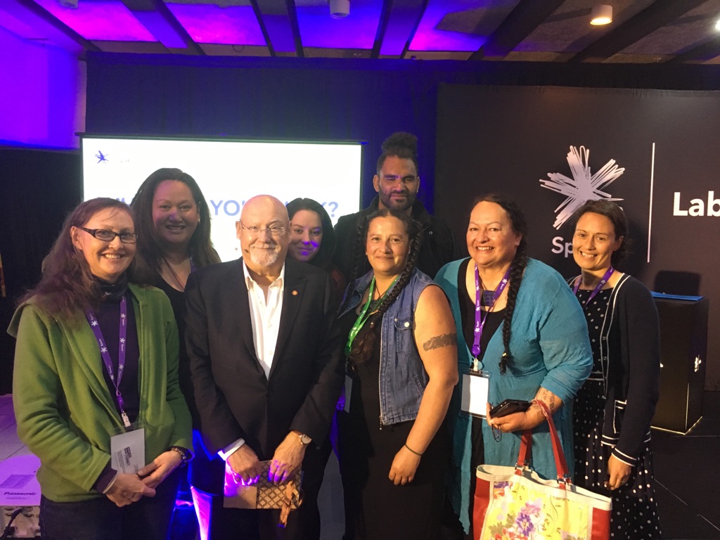 Participants from Te Pāpori o Whakatere with Sir Ray Avery at breakfast at the Hagley Atrium
