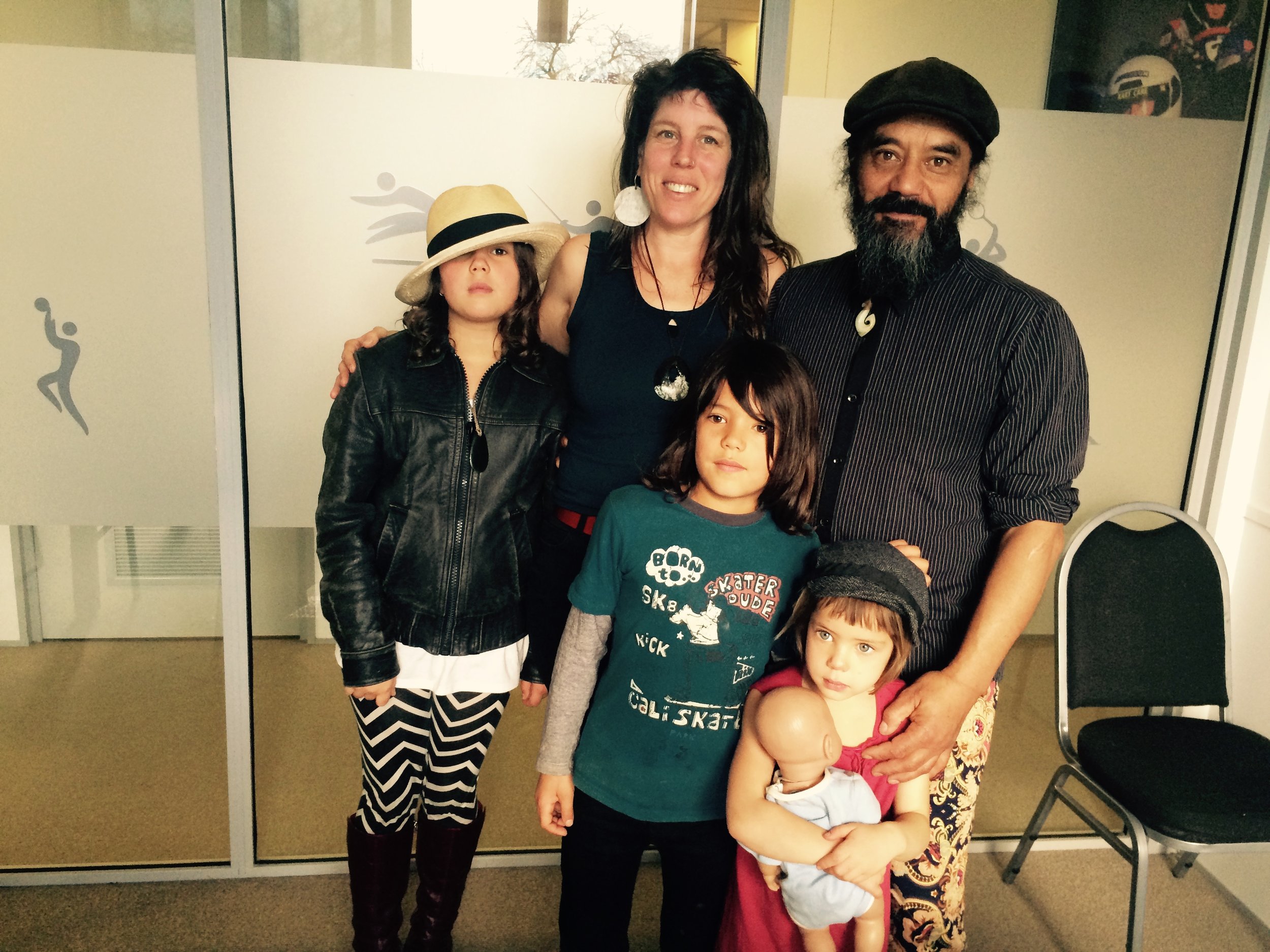 From left Melita Te Rata Bryan-Moran age 9; Toha Pehimana Froggy Peter Bryan-Moran. Age 8 in 2 weeks.; Flora Rose Mania Bryan-Moran age 4 with parents Morgan and Timoti Moran.