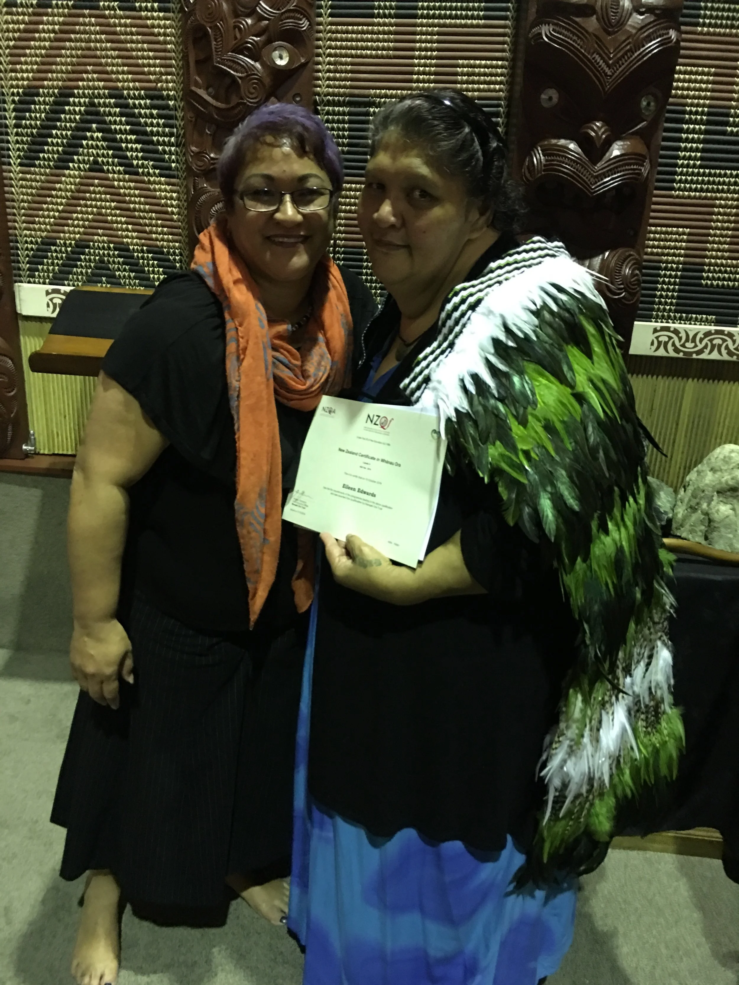 Louise Waho-Heather congratulating Eileen Edwards, graduate with a Certificate in Whānau Ora: