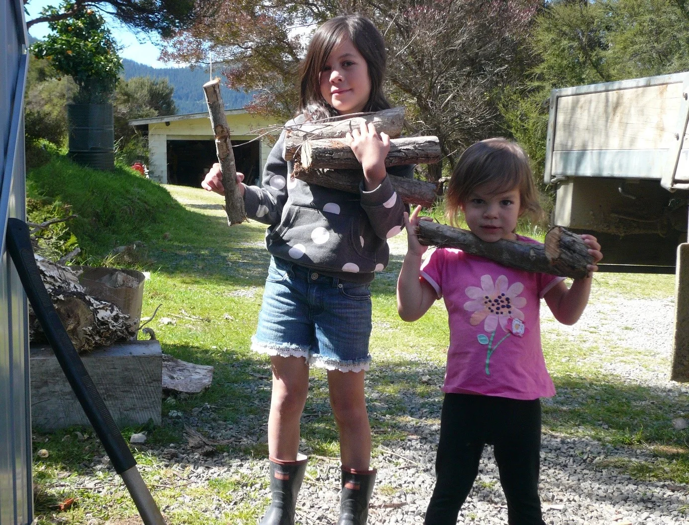 Sophie and Julia stacking Taua and Grandad’s wood shed. Dec 2018.