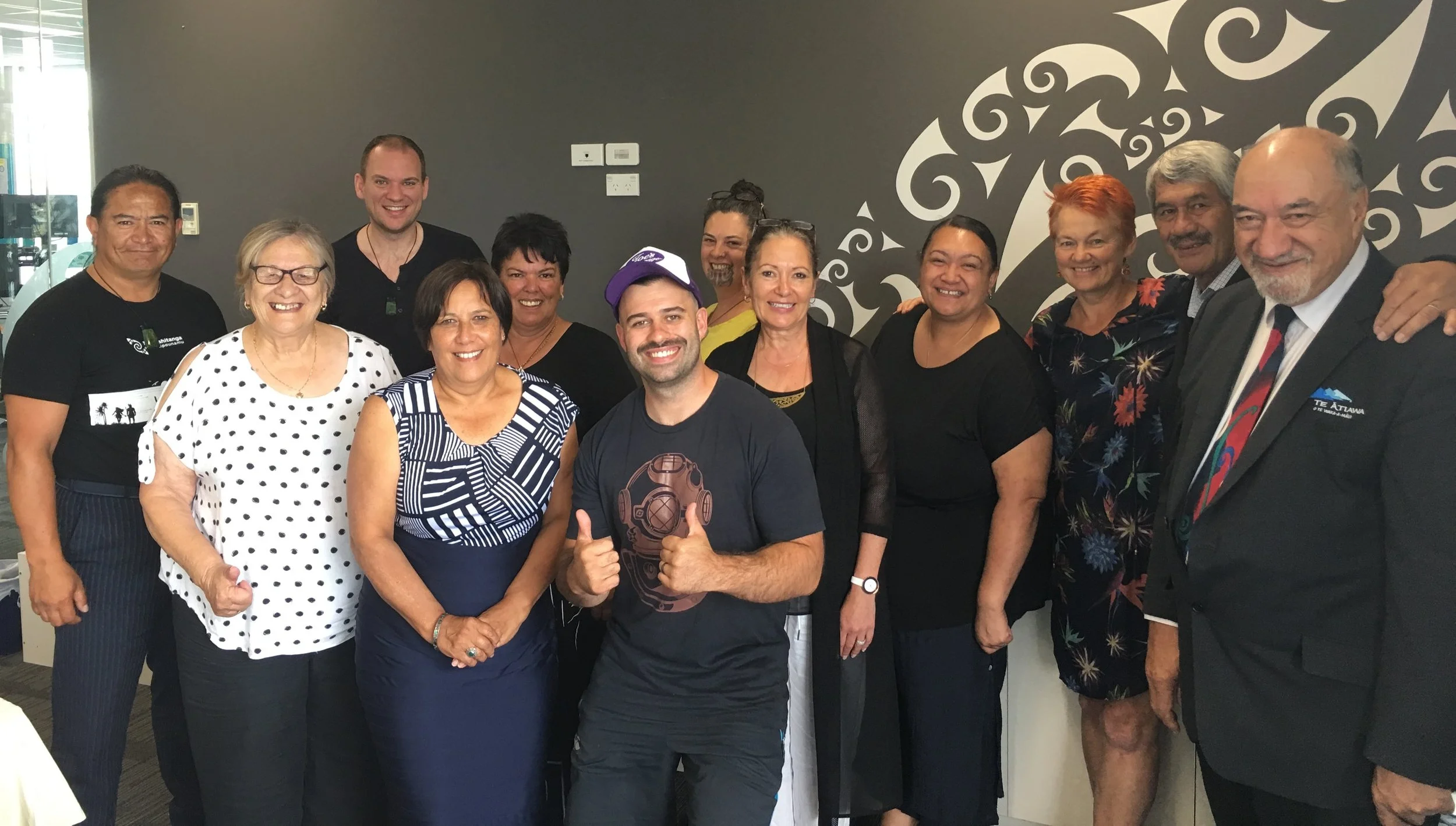 From left to right Toa Waaka of Ngāti Kōata Trust, Amoroa Luke, Co-Chair, Te Taumata of Ngati Rarua, Rawa Kawetai, Te Pūtahitanga o Te Waipounamu Board Secretariat, Hinemoa Conner of Ngāti Apa ki Te Rā Tō Charitable Trust, Nikki Jones of Ngāti Tama ki Te Waipounamu Trust, Anton Matthew from FUSH - Whānau Ora initiative entity, Gena Moses-Te Kani of Ngāti Kuia, Jo McLean of Te Rūnanga o Ngāi Tahu, Janis de Thierry of Te Rūnanga o Rangitāne o Wairau Trust, Helen Leahy, Pouārahi / Chief Executive of Te Pūtahitanga o Te Waipounamu, Ron Riwaka of Te Ātiawa o Te Waka-a-Māui Trust Te Hawe (Harvey) Ruru of Te Atiawa o Te Waka-a-Māui Trust