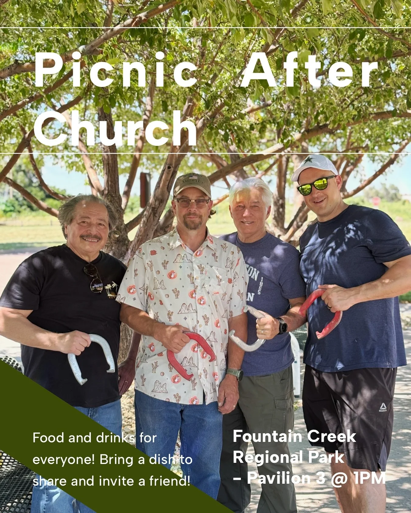 Picnic After Church tomorrow at Fountain Creek Regional Park! We will be having food, drinks, and games for everyone starting at 1 PM at Pavilion 3. Invite your friends and family and we will see you there!