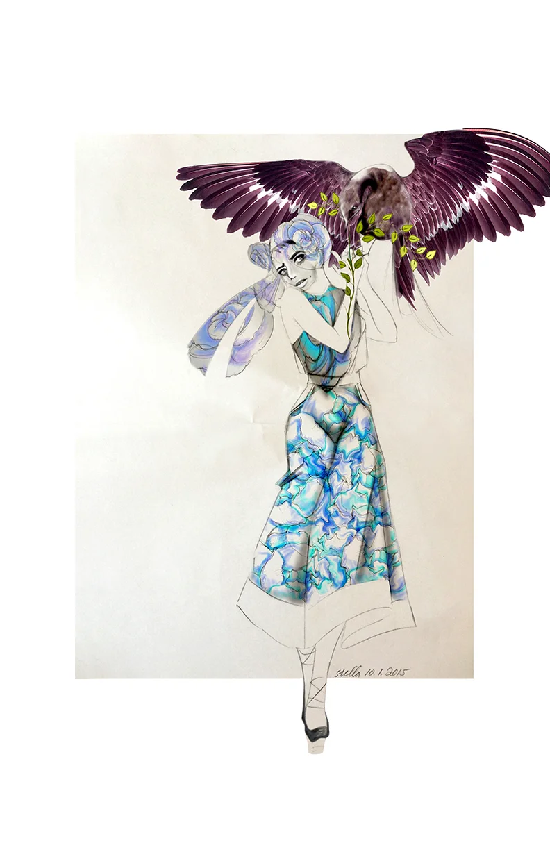 Call Me, Etro - Mixed media fashion illustration of pencil, graphite, watercolor, and digital texture