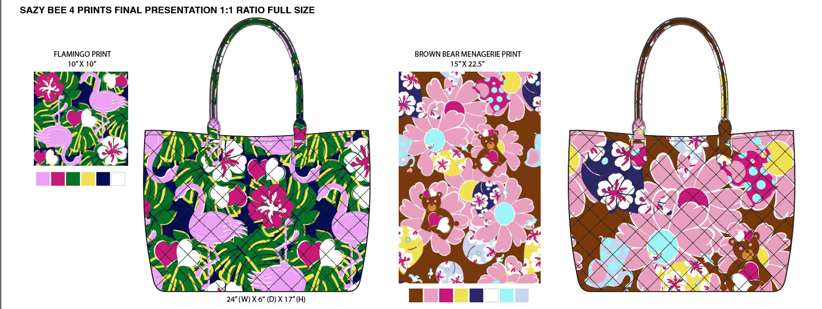 Flamingo & Animal prints on quilted cotton tote for Sazy Bee’s Junior Division
