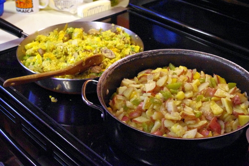 Not green eggs and ham but cheesy veggie eggs and breakfast potatoes.