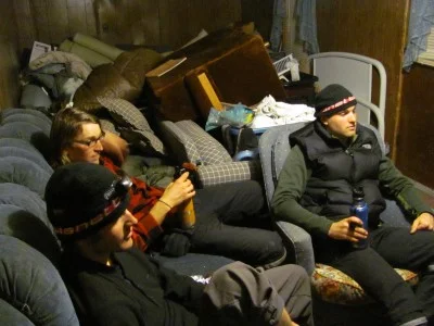 We watch a movie among a trailer full of "spare" furniture