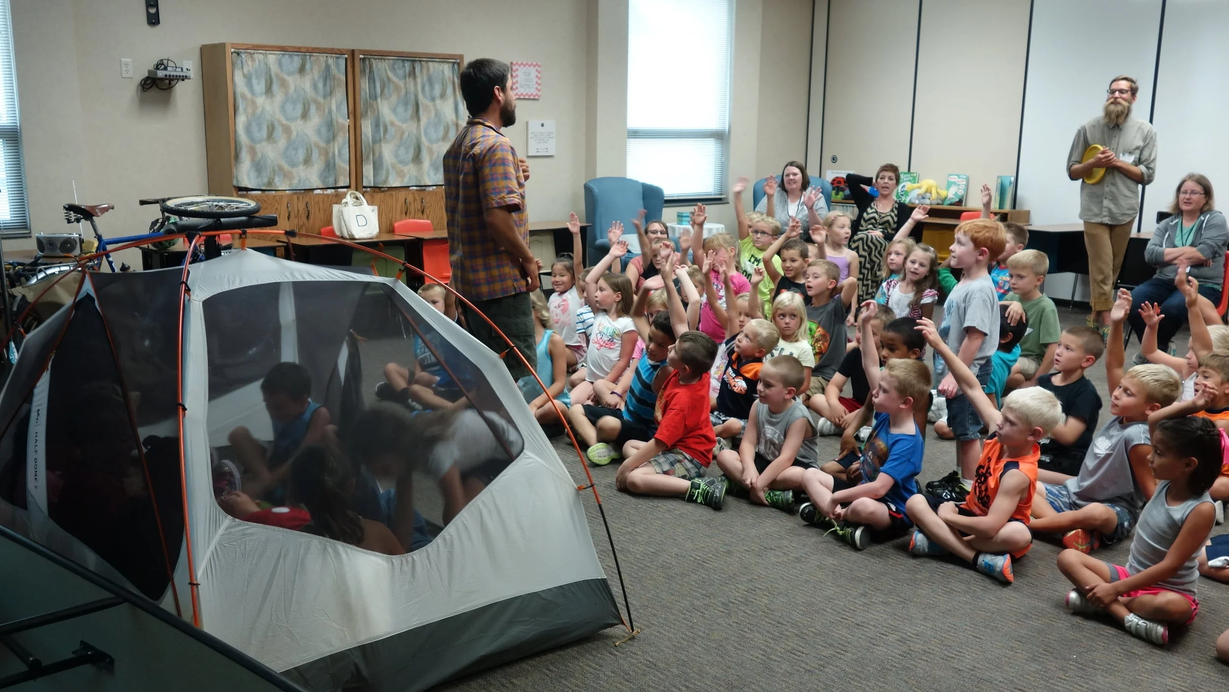 We strive to keep kids engaged during our entire presentation. A contest to see how many kindergartners can fit in our tent does just that.