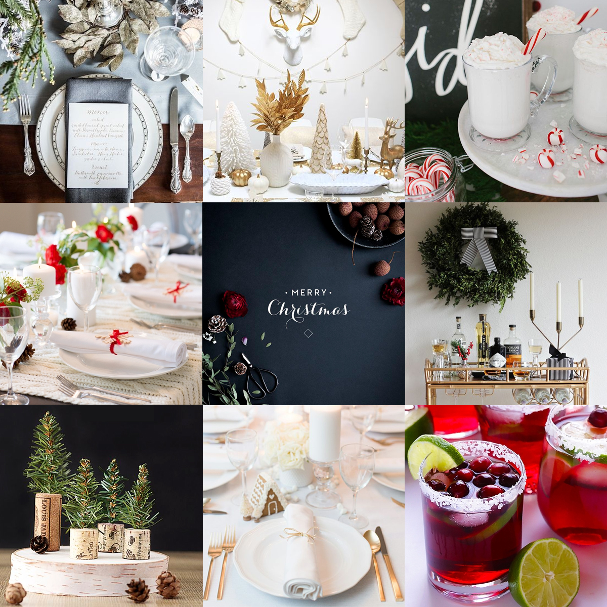 HOW TO THROW A HOLIDAY PARTY LIKE OUR FAVORITE BLOGGERS FROM LEFT TO RIGHT: KATE SPADE NEW YORK TABLESCAPE BY SACRAMENTO STREET // WHITE + GOLD HOLIDAY PARTY // KID FRIENDLY PEPPERMINT DRINKS // RED + WHITE HOLIDAY TABLESCAPE // MERRY CHRISTMAS PRINT // HOLIDAY BAR CART DIY BOW // DIY CHRISTMAS CORK TREES // WHITE CHRISTMAS TABLESCAPE // CRANBERRY MARGARITAS
