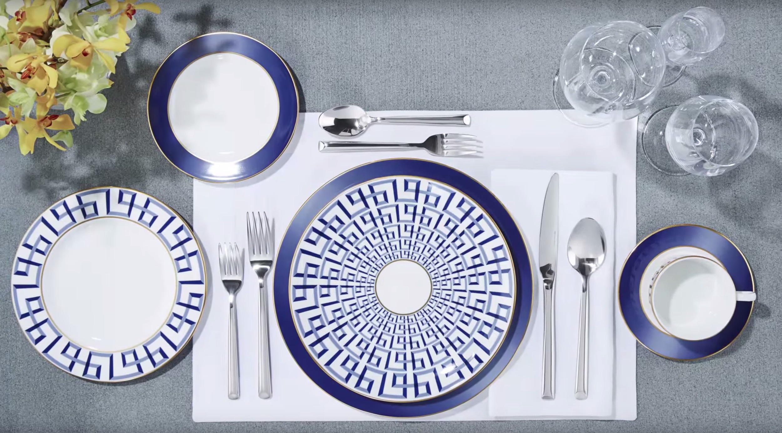 Brian Gluckstein Darius Gold China Collection available at Table + Dine