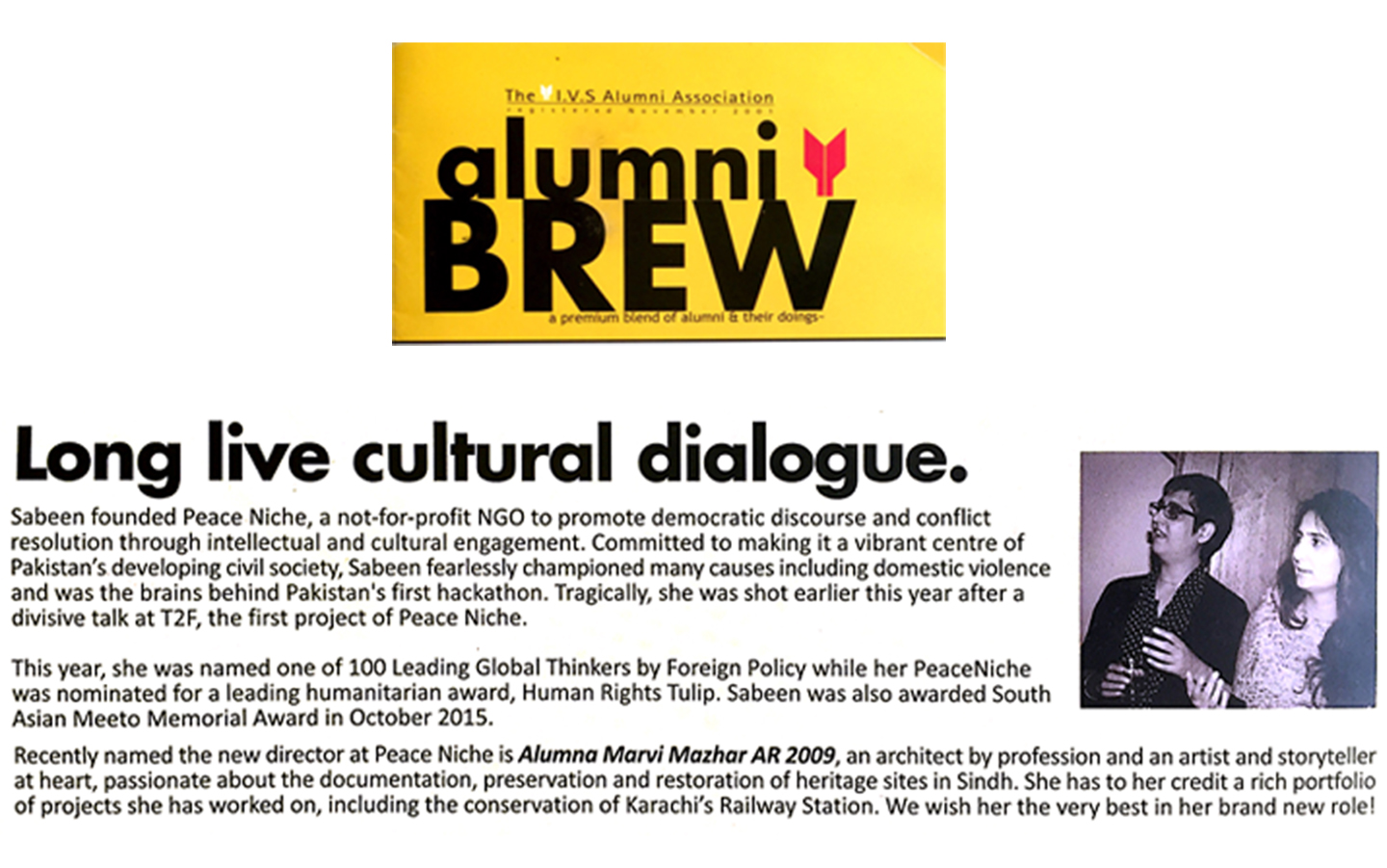 Announcement published in Alumni Brew of IVS Alumni Association on the appointment of Marvi Mazhar as the Director of Peace Niche / The Second Floor on December, 7th 2015.