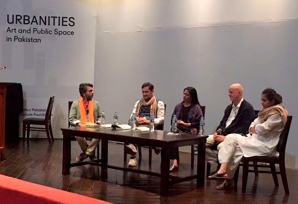 In conversation with moderator Attiq Uddin Ahmed at Alhamra Art Council, Lahore: City in Context | Contested Spaces: Conflict, Violence, Reconciliation. Speakers: Miro Craemer, Marvi Mazhar, Adeela Sulaiman and Kai Vockler