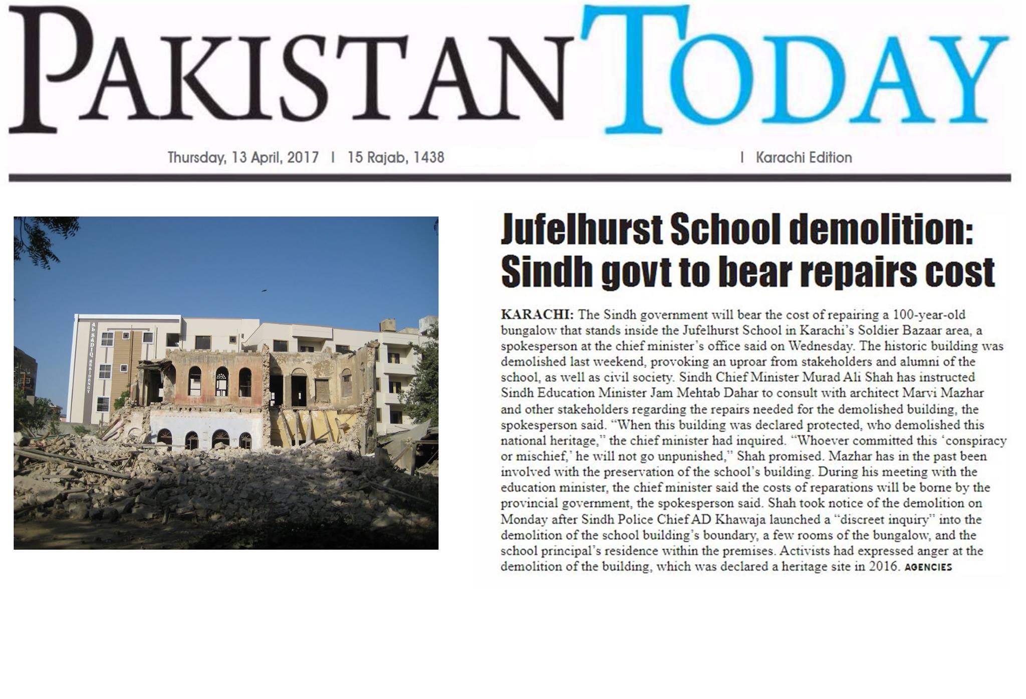Jufelhurst High School Rebuilding Plan Order from Sindh Government