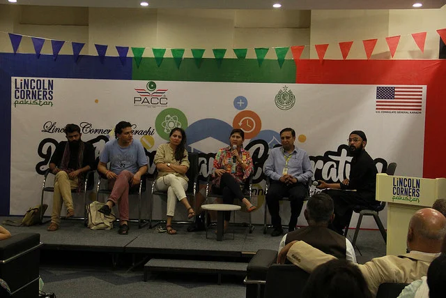 Panelist Marvi Mazhar, Nooruddin Merchant, Arieb Azhar, Sabrina Dawood, and Muzammil Afzal discussing the need of safe spaces for youth.