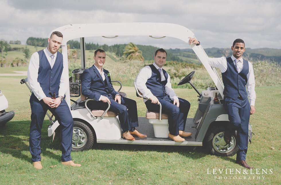 groom and groomsmen golf cart Formosa Golf Resort {Auckland-Hamilton wedding-engagement-couples photographer}