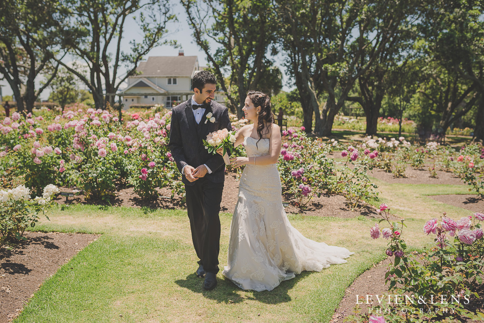 bride and groom walking Parnell on the Rose Garden {Auckland lifestyle wedding photographer}