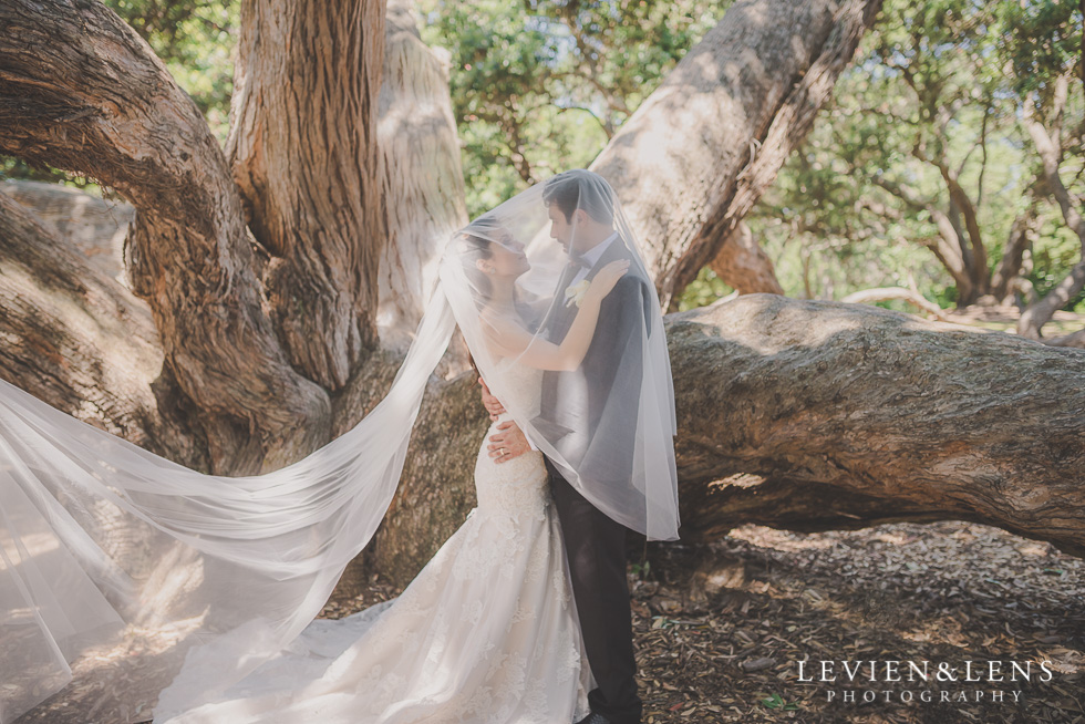 bride and groom under vail Parnell on the Rose Garden {Auckland lifestyle wedding photographer}