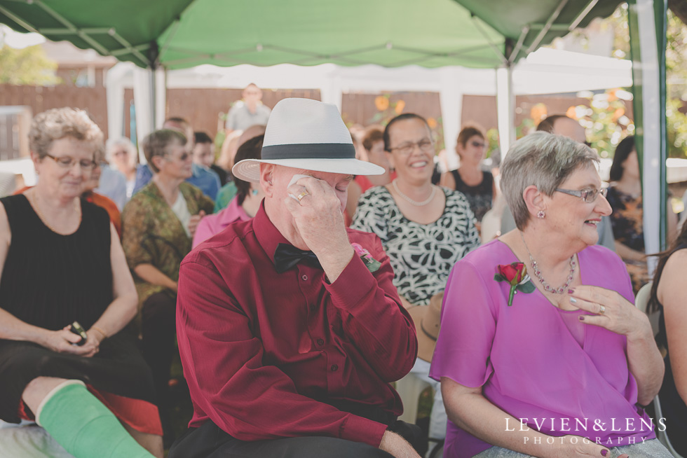 dad crying small family garden wedding ceremony {Auckland lifestyle couples-engagement photographer}