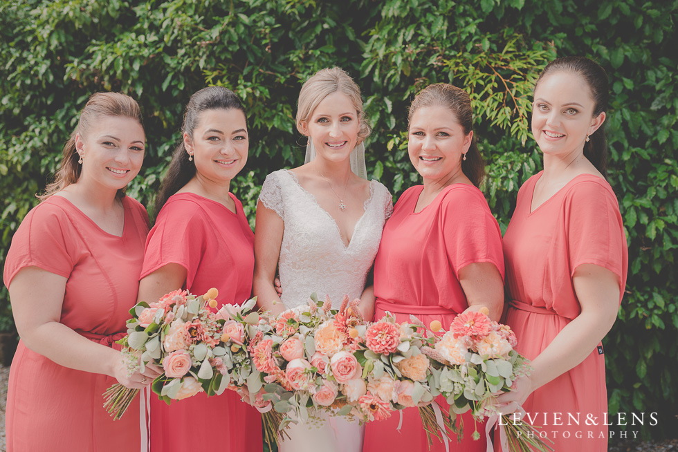 bride with bridesmaids Landscendt Tropical Garden {Auckland lifestyle wedding photographer}