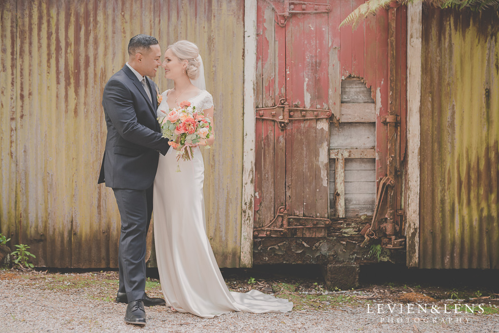 bride and groom intimate session Landscendt Tropical Garden {Auckland lifestyle wedding photographer} rustic doors