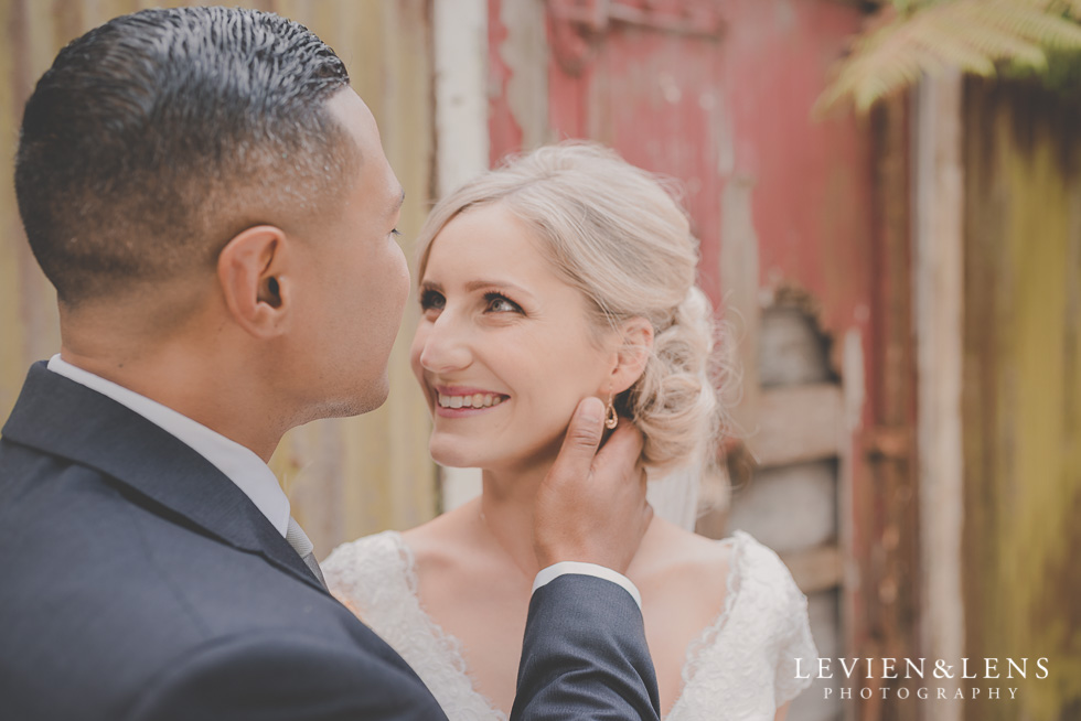 bride and groom intimate session Landscendt Tropical Garden {Auckland lifestyle wedding photographer} rustic doors