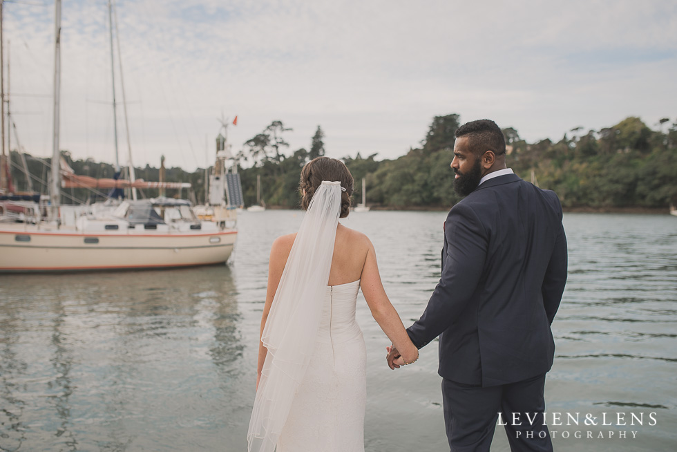 bride and groom near water Brigham - Herald Island {Auckland lifestyle wedding photographer}