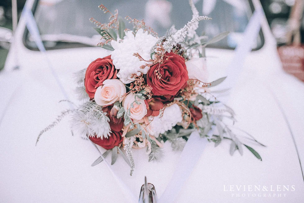 bouquet on retro car - Highwic historic house-museum winter wedding {Auckland NZ lifestyle weddings photographer}