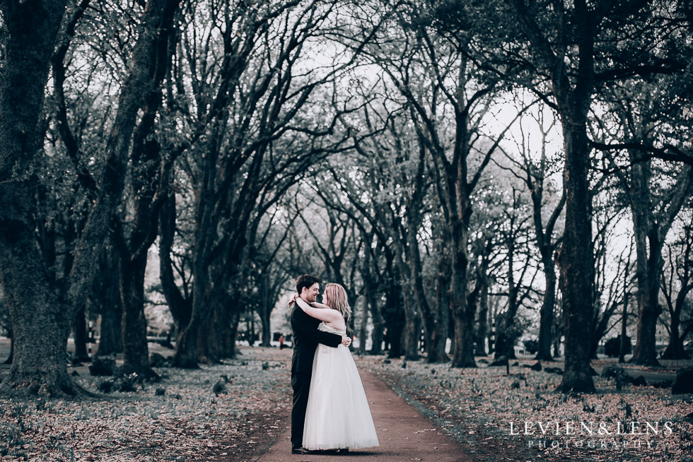 bride and groom at alley - Cornwall park photo session - winter wedding {Auckland NZ lifestyle weddings photographers}