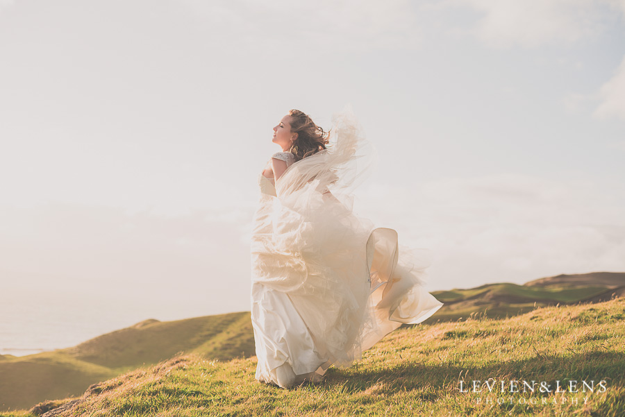 bridal portrait - blow wind dress {Auckland wedding photographer} Castaways