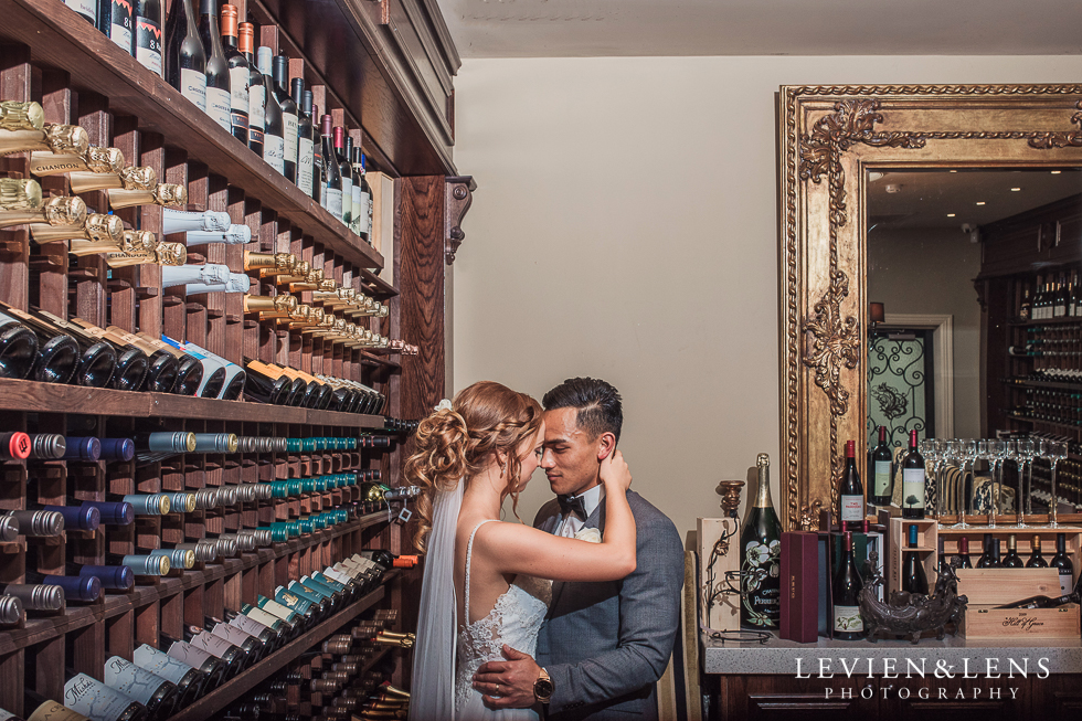 bride and groom at wine cellar