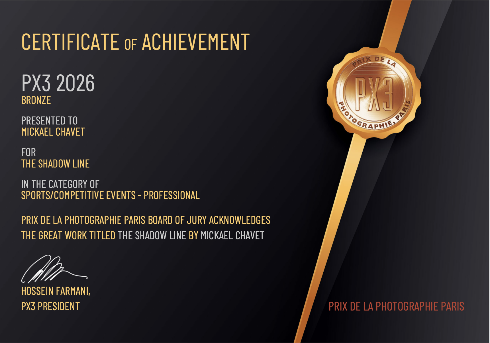 PX3 2026 Bronze certificate awarded to Mickael Chavet for The Shadow Line in Sports / Competitive Events – Professional