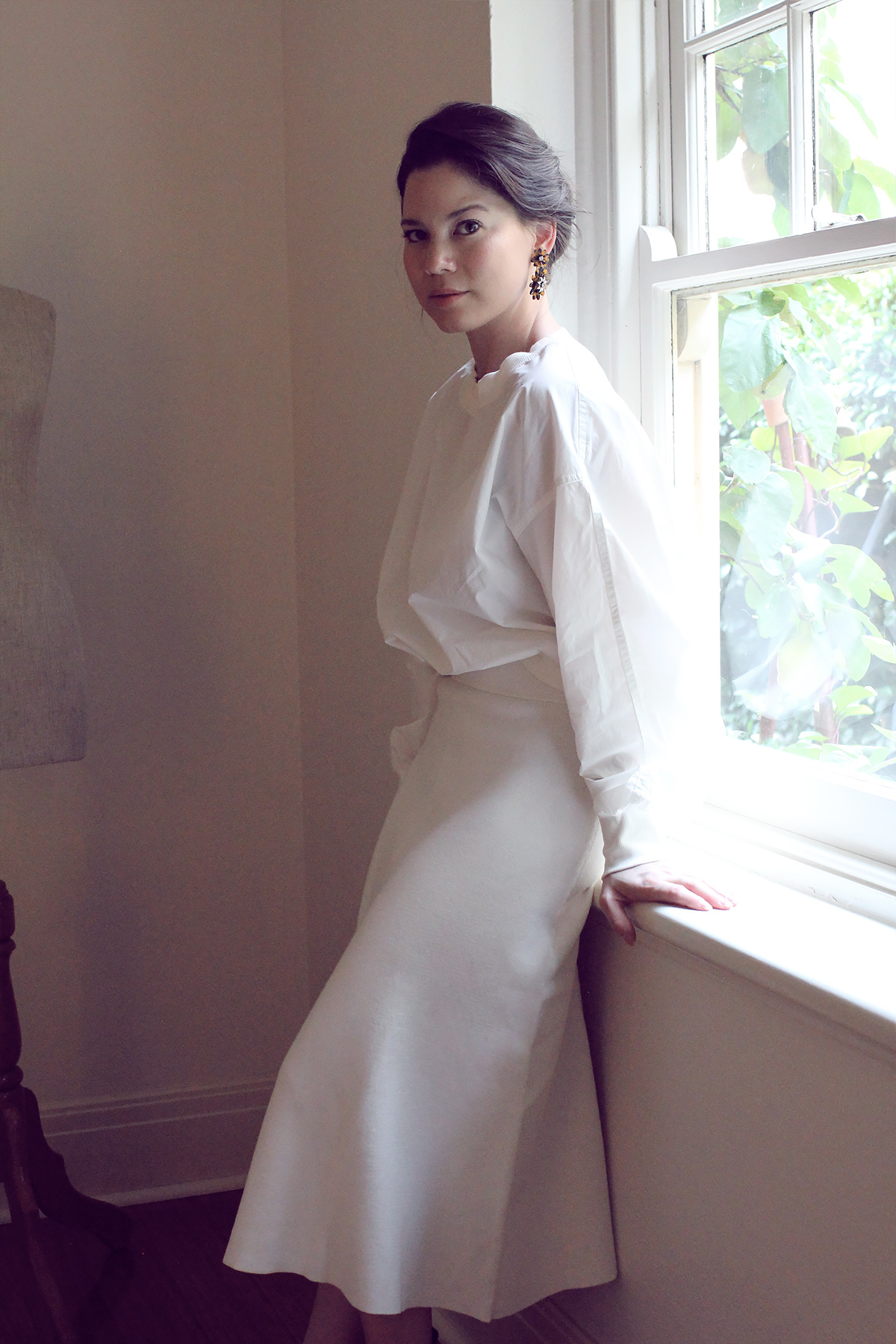 Wearing Uniqlo U Cotton Long Sleeve T Blouse & Milano Ribbed Aline Skirt