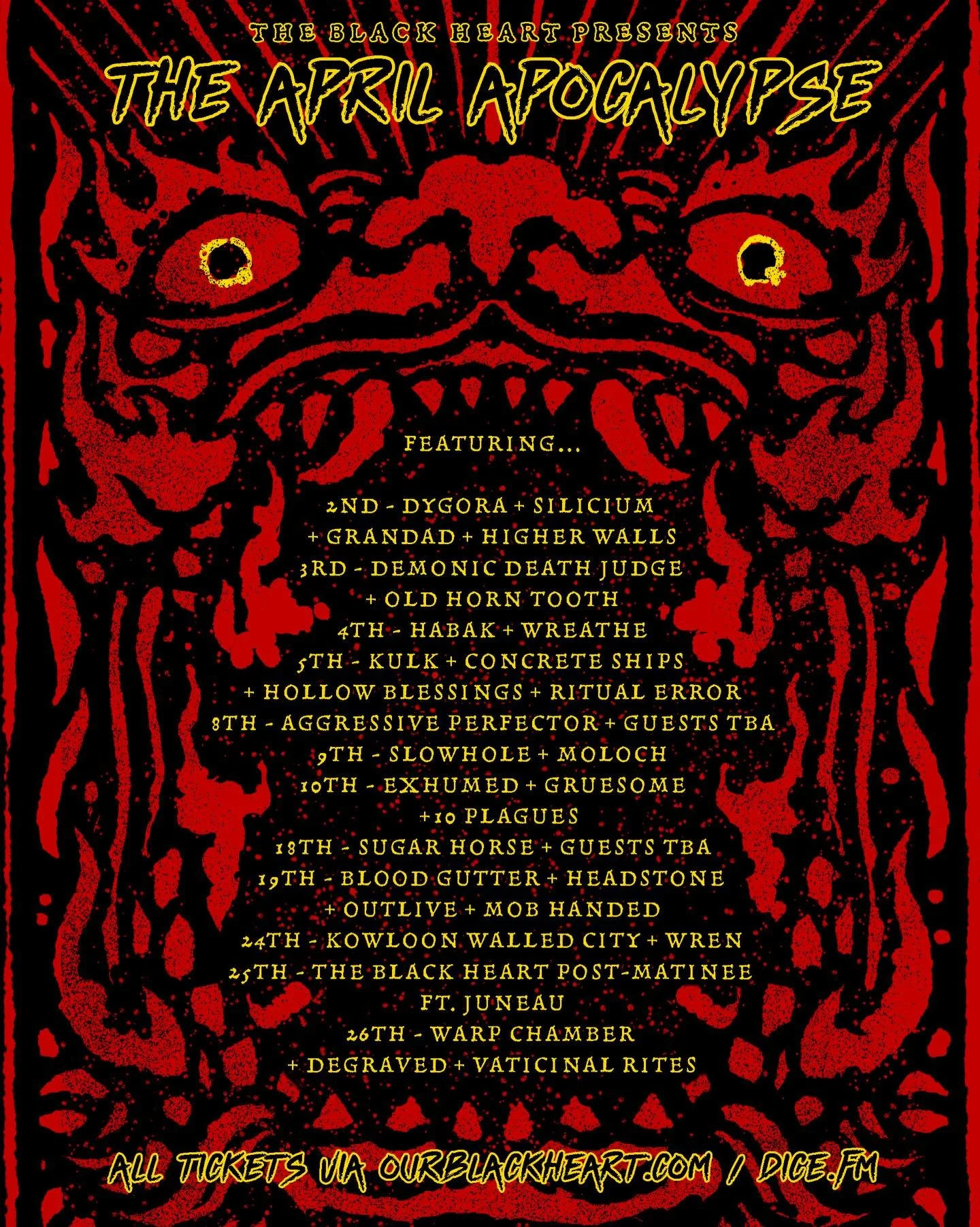 THE APRIL APOCALYPSE CONTINUES &hellip; 

Tonight - @habakband + @wreathepunx bring a wealth of epic soaring crust - ltd tix available OTD
@human_disease_promo 

Tomorrow - @kulkband @concreteships @hollowblessings @ritualerrorband bring sonic mayhem