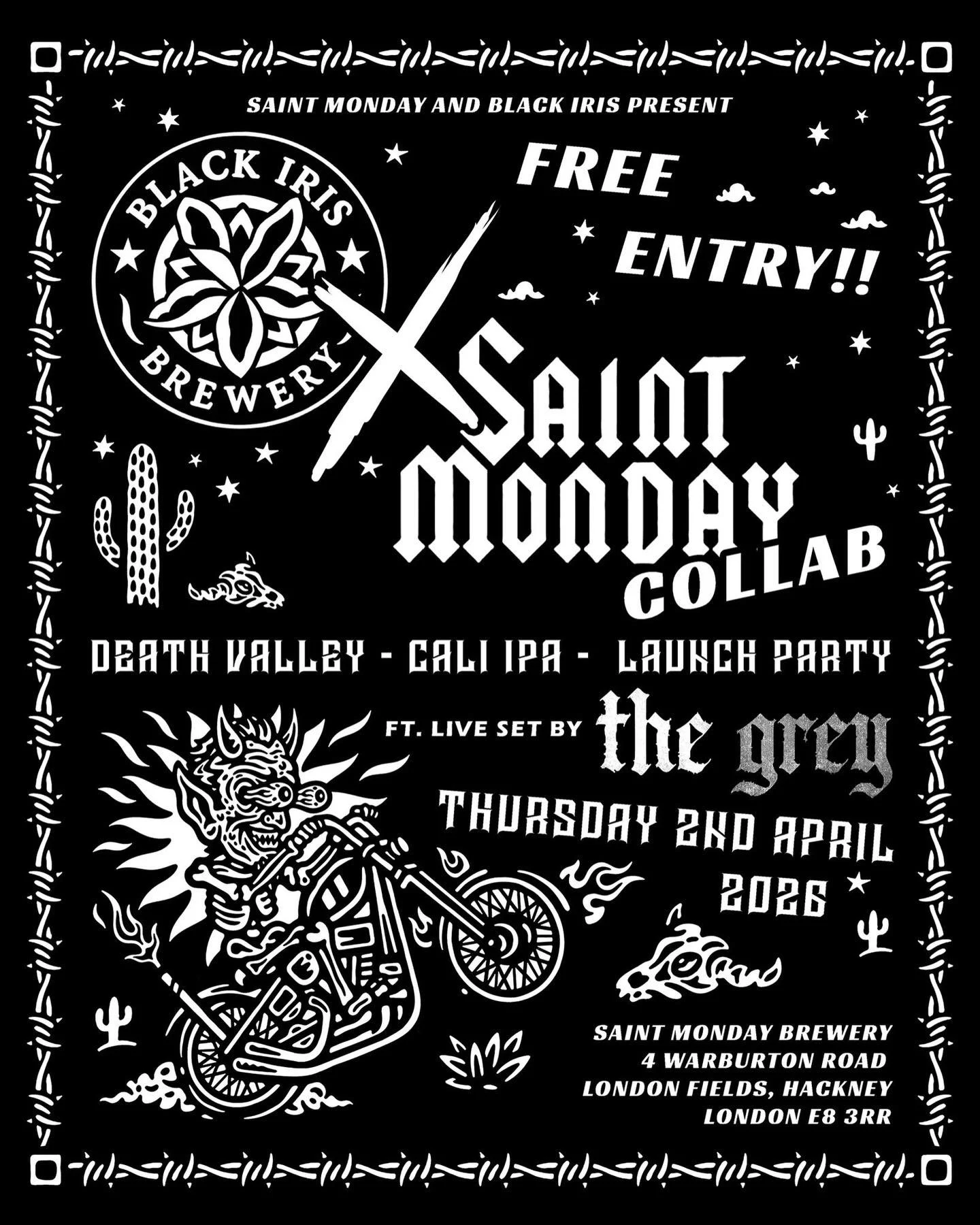 TONIGHT - PISS UP (AND A GIG) IN A BREWERY !! 🍻 Our @saintmondaybrewery over in London Fields are celebrating the drop of a new collab with @blackirisbrewery - quite frankly a belter of a Californian IPA aptly named DEATH VALLEY ! We&rsquo;ve set up