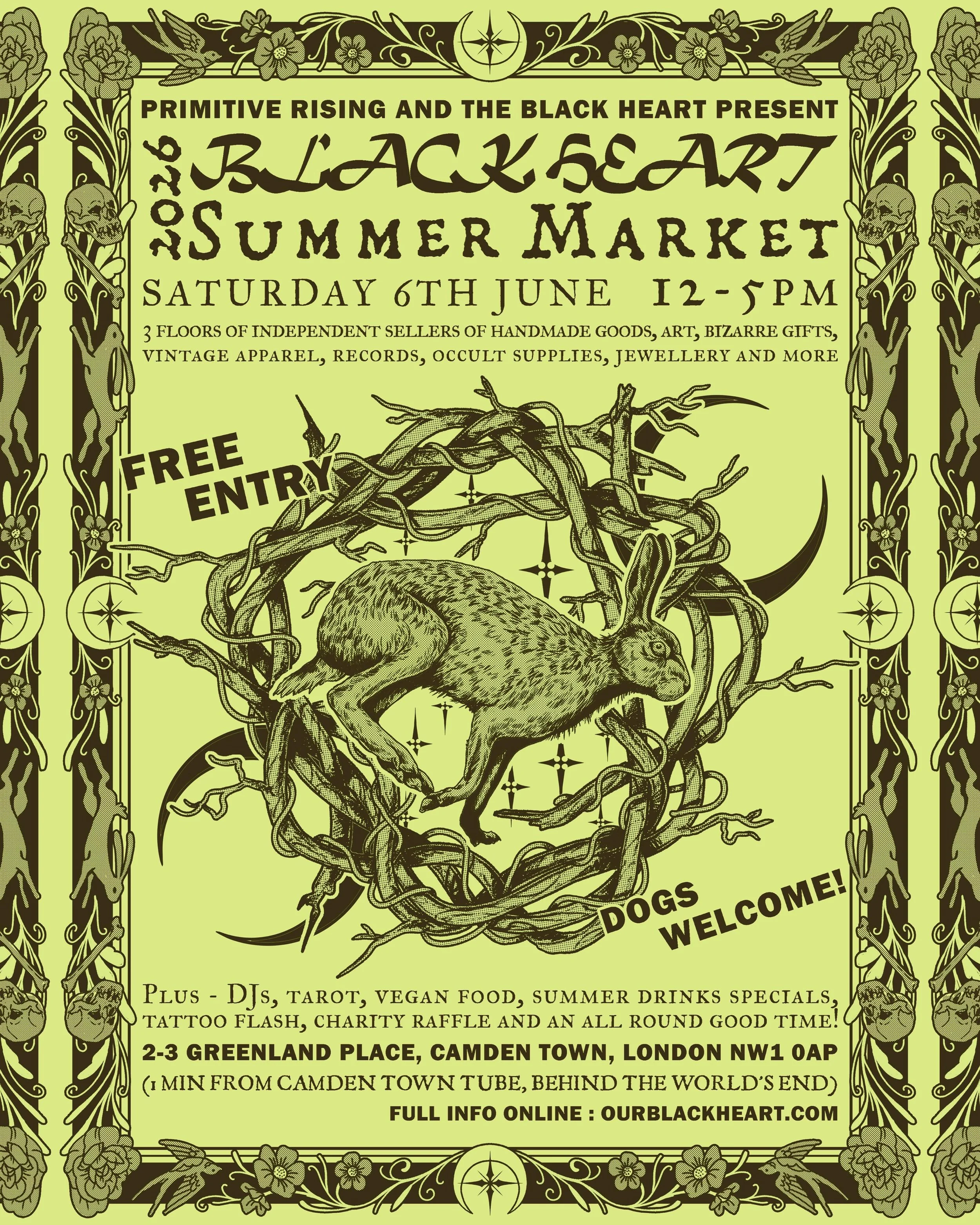 THIS SATURDAY - another beaut of an afternoon in the cultural hub of Camden Town, boss vibes only as THE BLACK HEART SUMMER MARKET takes over the realm once again !! Presented by @primitiverising / @ourblackheart and featuring :
 
🧿 25+ independent 