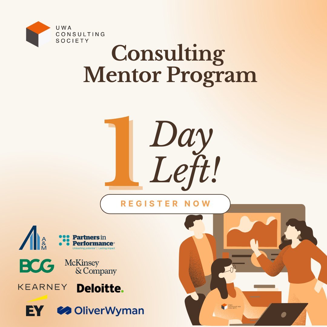 1 DAY LEFT TO APPLY! 🔔

Interested in gaining real life insight and building your professional network in the consulting field? 🤔💼

Apply now for the opportunity to be mentored by consultants from top tier, mid-tier and boutique management consult