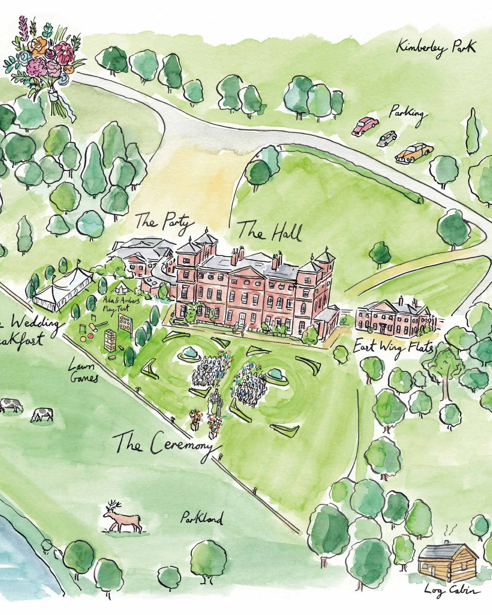 Hand-drawn wedding venue map featuring 'The Great Oak', a large tent labeled 'The Court', 'Freddie's Field' with a horse, cars parked, an area labeled 'The Lawn', and illustrations of champagne glasses and food.