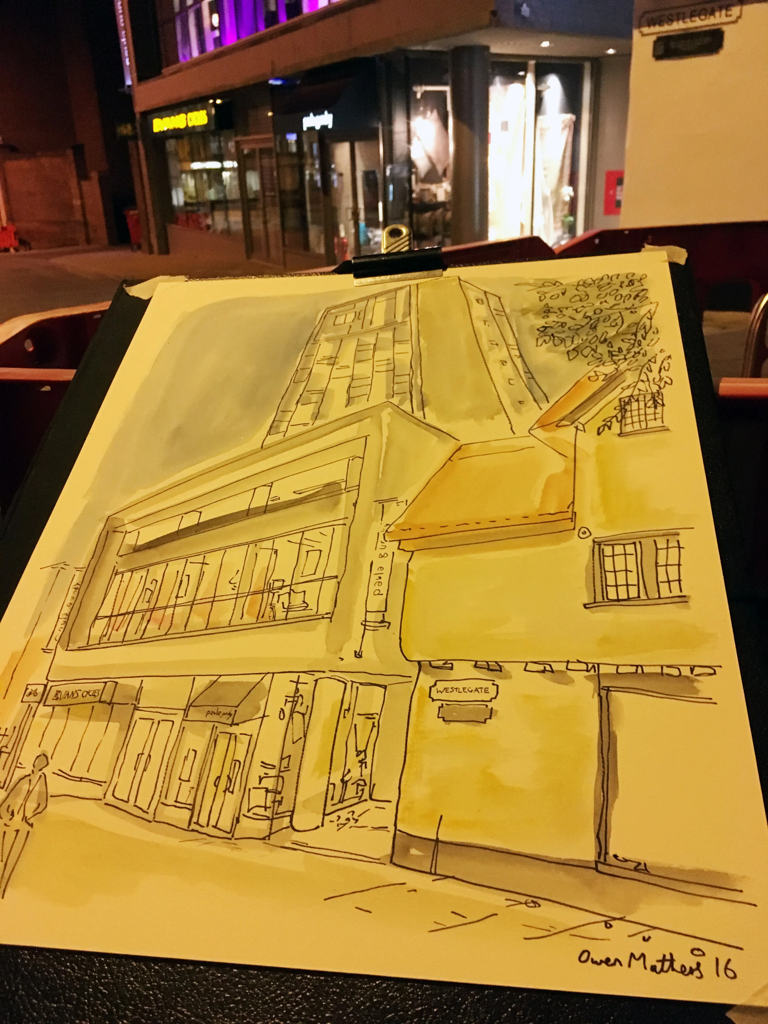 Westlegate, night time drawing. I wanted to show the contrast here of the thatched roof building (only one in city centre I believe, next to the luxury new block of flats)