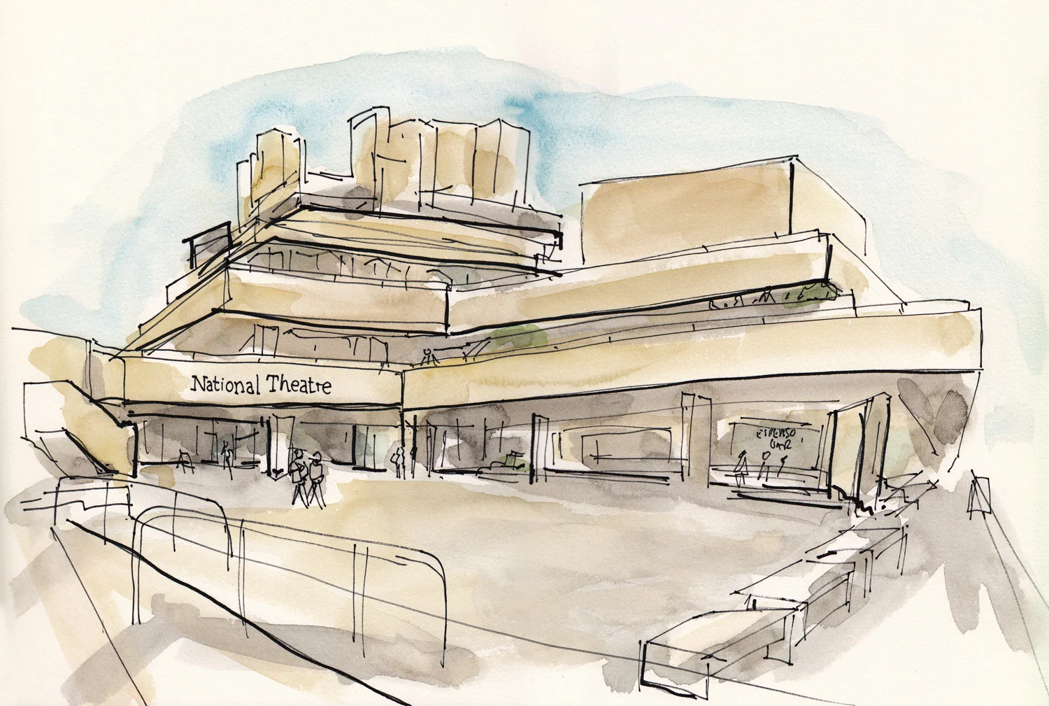 I've become a big fan of brutalist architecture over recent years. I love the shapes and spaces created. The National Theatre on Southbank is a great example. Fun to draw!