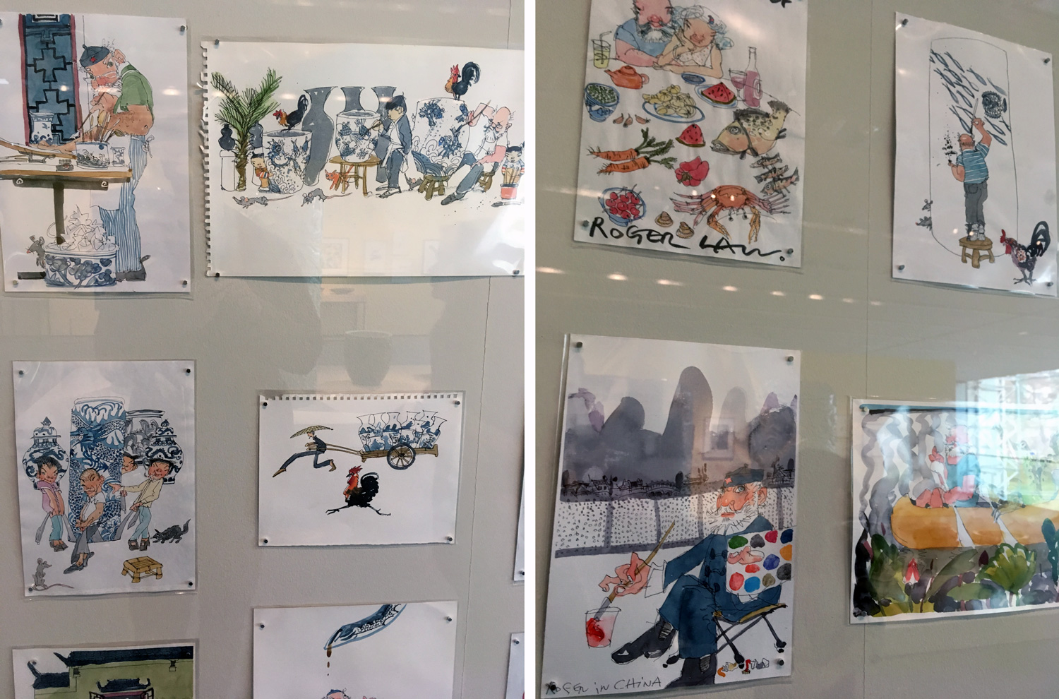 This wall of watercolour sketches accompanies the ceramics and beautifully shows Roger's love of drawing. I especially enjoy the sketch of the chicken running and the man pulling the trailer!