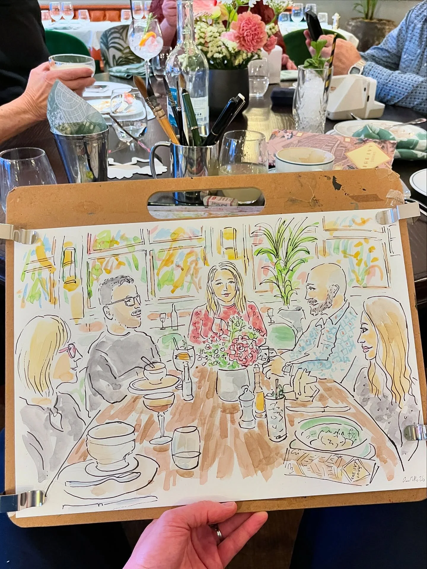 Live illustrating a Birthday dinner at the Ivy, Norwich. This was a lovely couple of hours capturing a meal scene for a family group who booked me as a surprise birthday gift. 

I arrived 30mins before the group to work out my composition and then dr