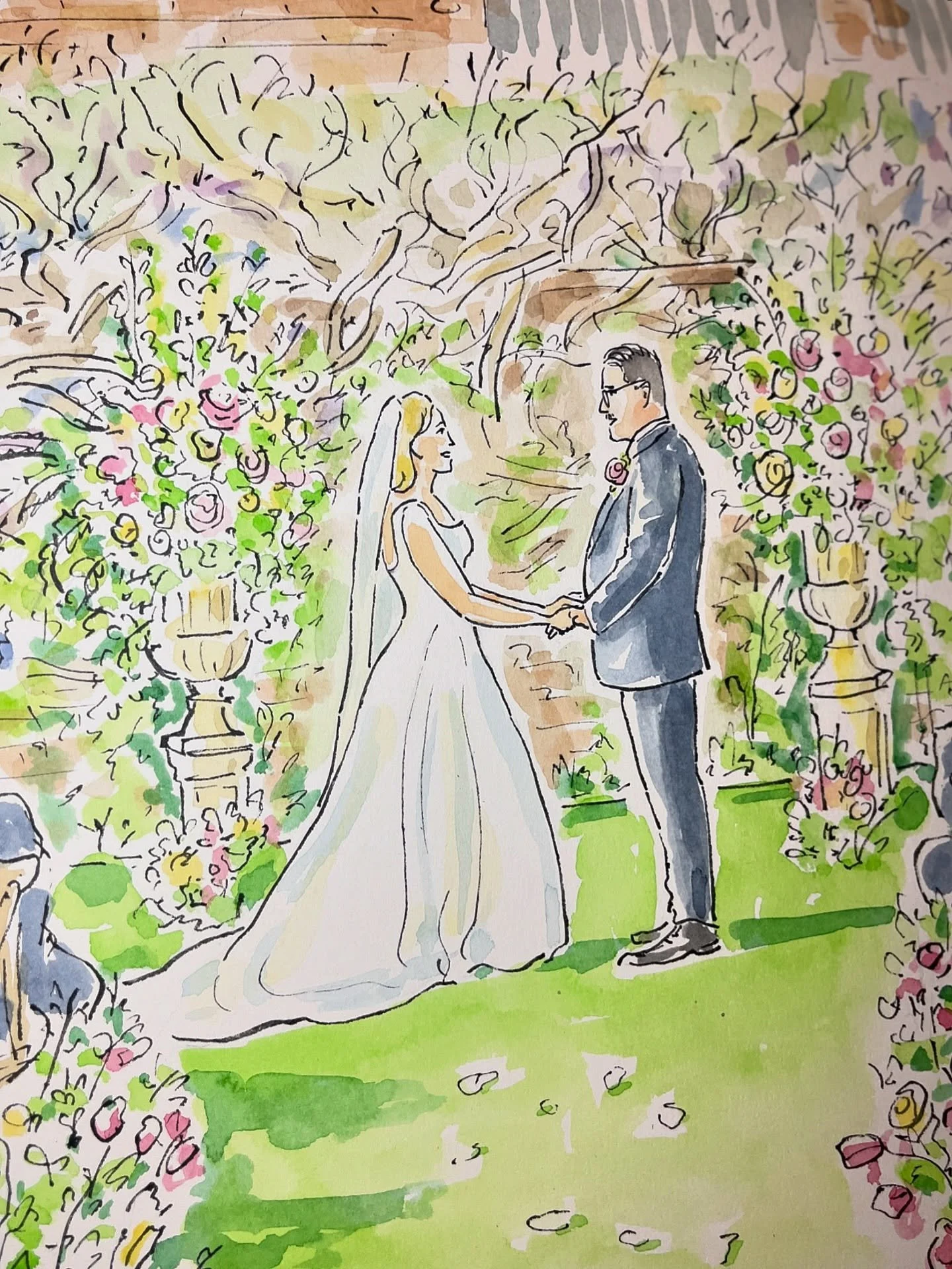 Saturday&rsquo;s wedding ceremony at the wonderful Burningfold Manor, Surrey. 50x40cm illustration completed and framed on the day alongside two sessions of guest portraits. Congratulations to Emma &amp; Ryan! More content to follow&hellip;
Venue: @b