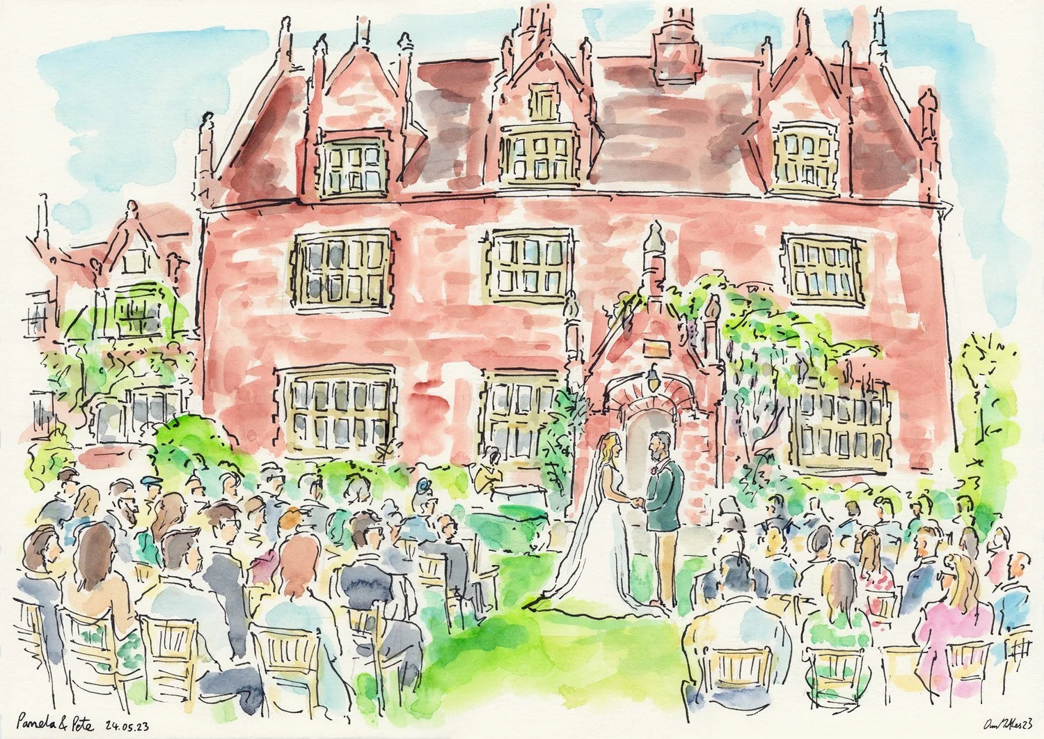 Illustrated outdoor wedding ceremony at a large red-brick building with seated guests and a bride and groom exchanging vows.