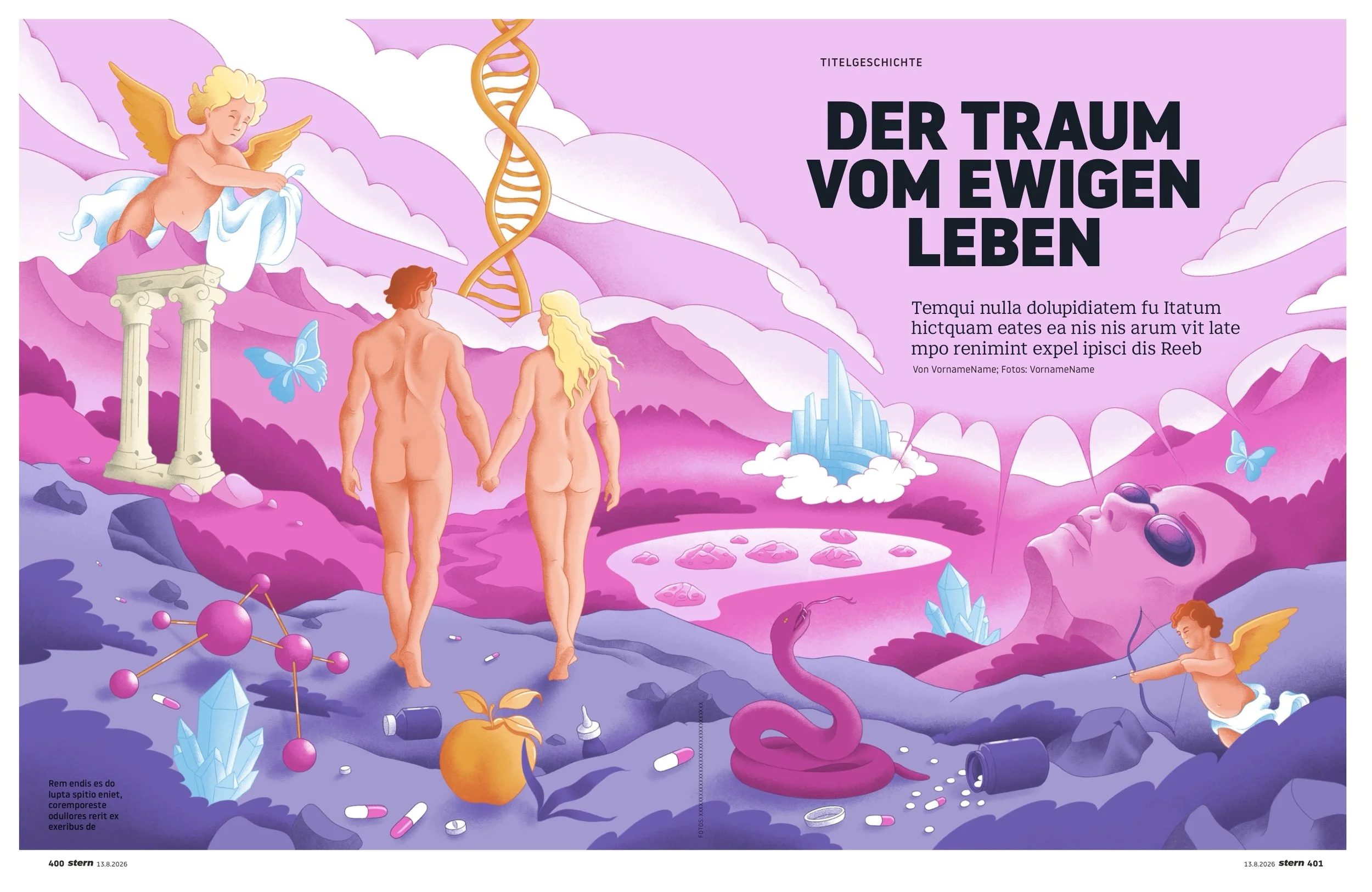 A surreal digital illustration featuring two nude humans holding hands in the foreground, with a pink and purple cloud-filled sky, and a cherub-like figure with golden wings sitting on a columned pedestal on the left. There are various scientific and fantasy elements such as a DNA double helix, crystals, molecules, pills, a boat, a camera, and a person with wings fishing in the bottom right corner.