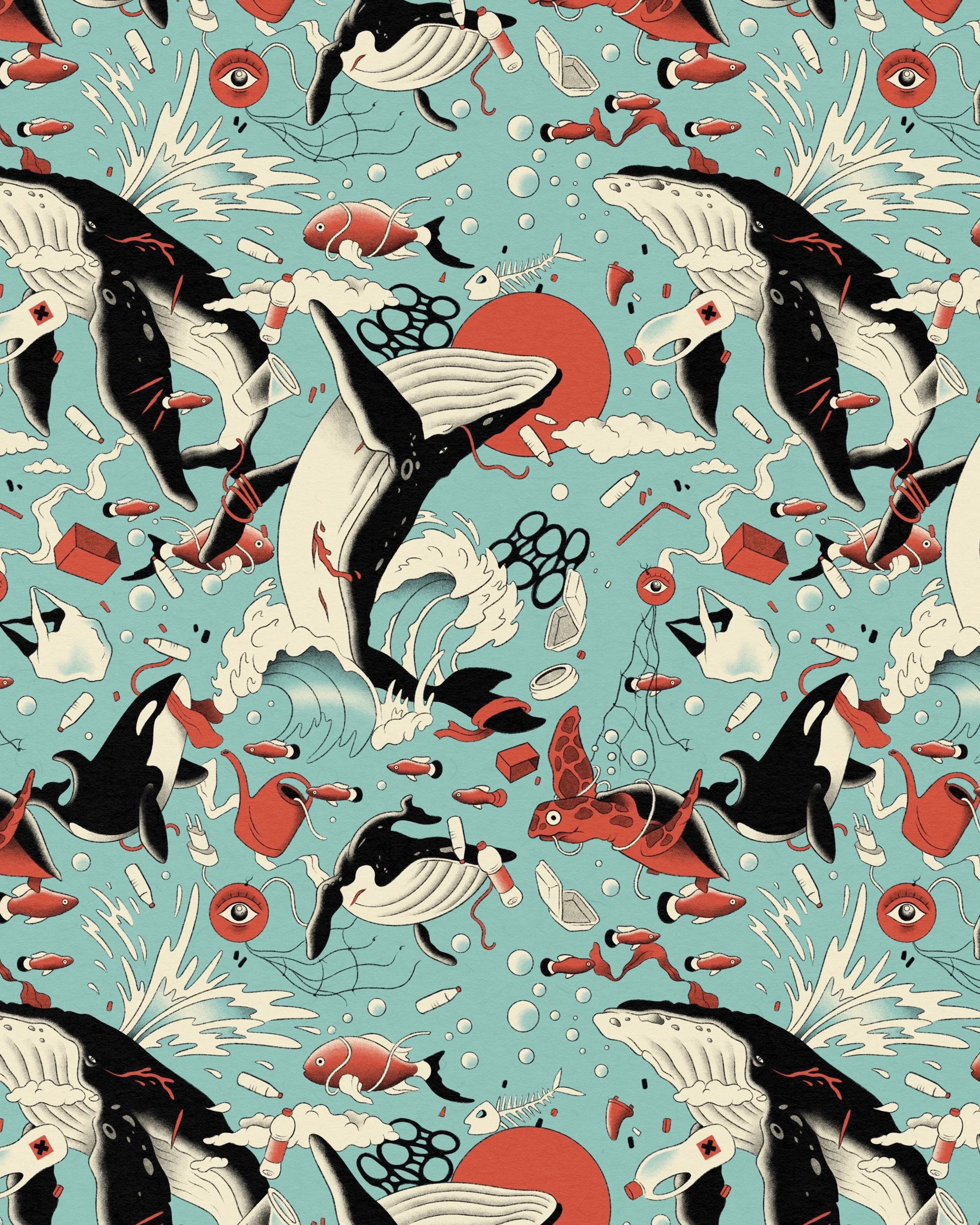 A pattern featuring whales, fish, medicine bottles, pills, scissors, a fish skeleton, a red ball, an eye attached to a balloon string, and other miscellaneous items on a teal background.