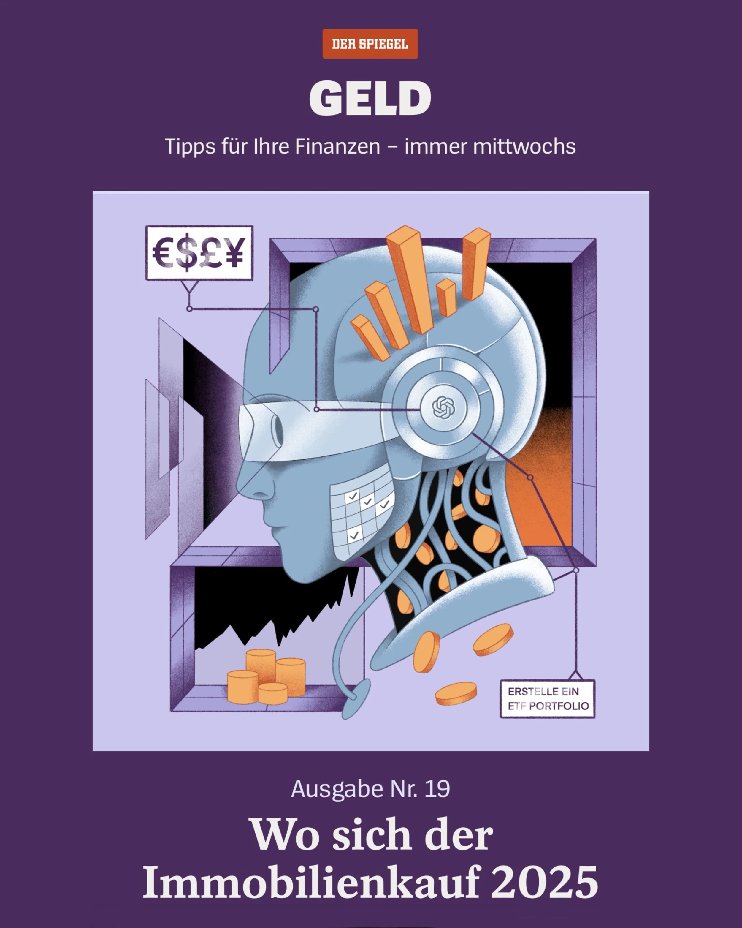 German magazine cover with title 'Wo sich der Immobilienkauf 2025' and an illustration of a human head with a brain, gears, a barcode, coins, and a graph. The magazine is titled 'Der Spiegel'.