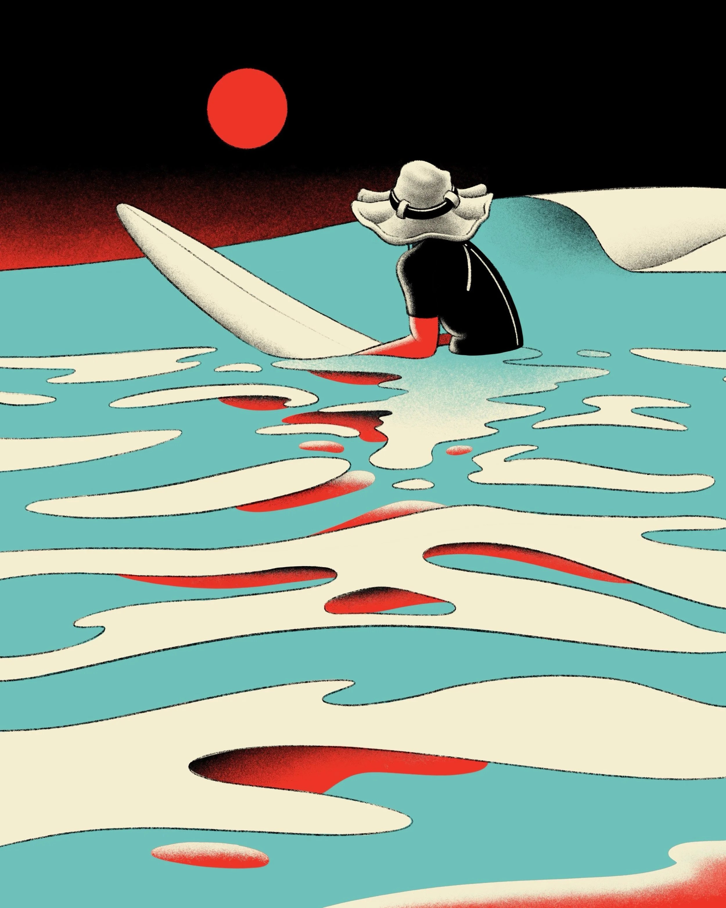 A person wearing a wide-brimmed hat and dark clothing is sitting on a surfboard in the water, facing a red sun setting over a dark sky, with the waves reflecting the sunset colors.