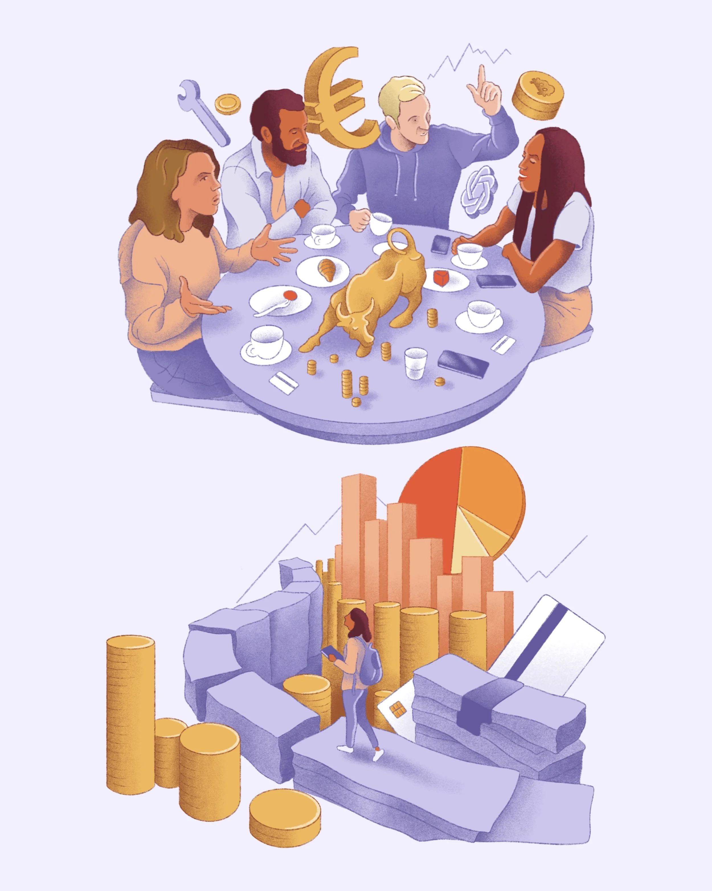 Illustration of four people sitting around a table with financial symbols, coins, and market charts, discussing economics or finance, with a large golden bull sculpture, stacks of coins, and electronic devices on the table.